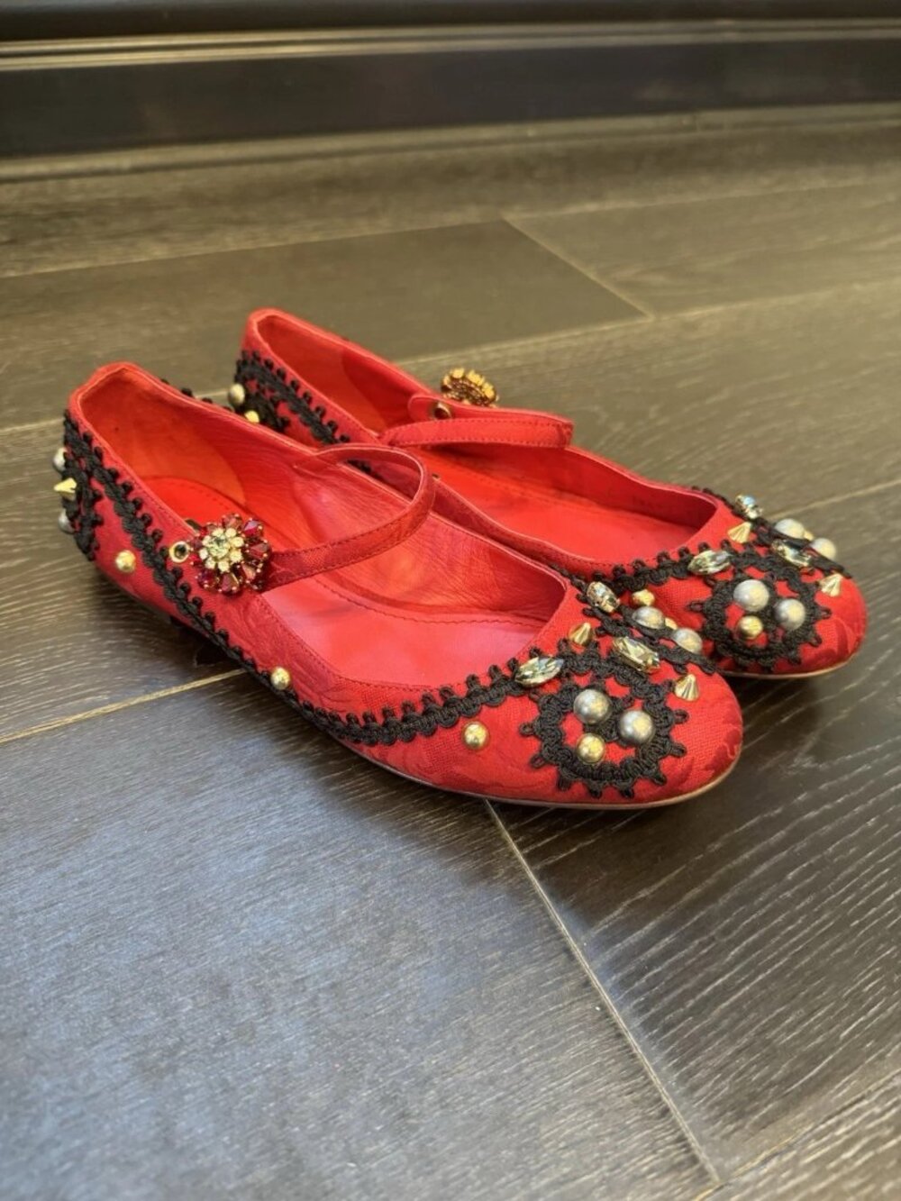 Authentic Dolce & Gabbana Red Embellished Jeweled Mary Jane Ballet Flats Size 37
